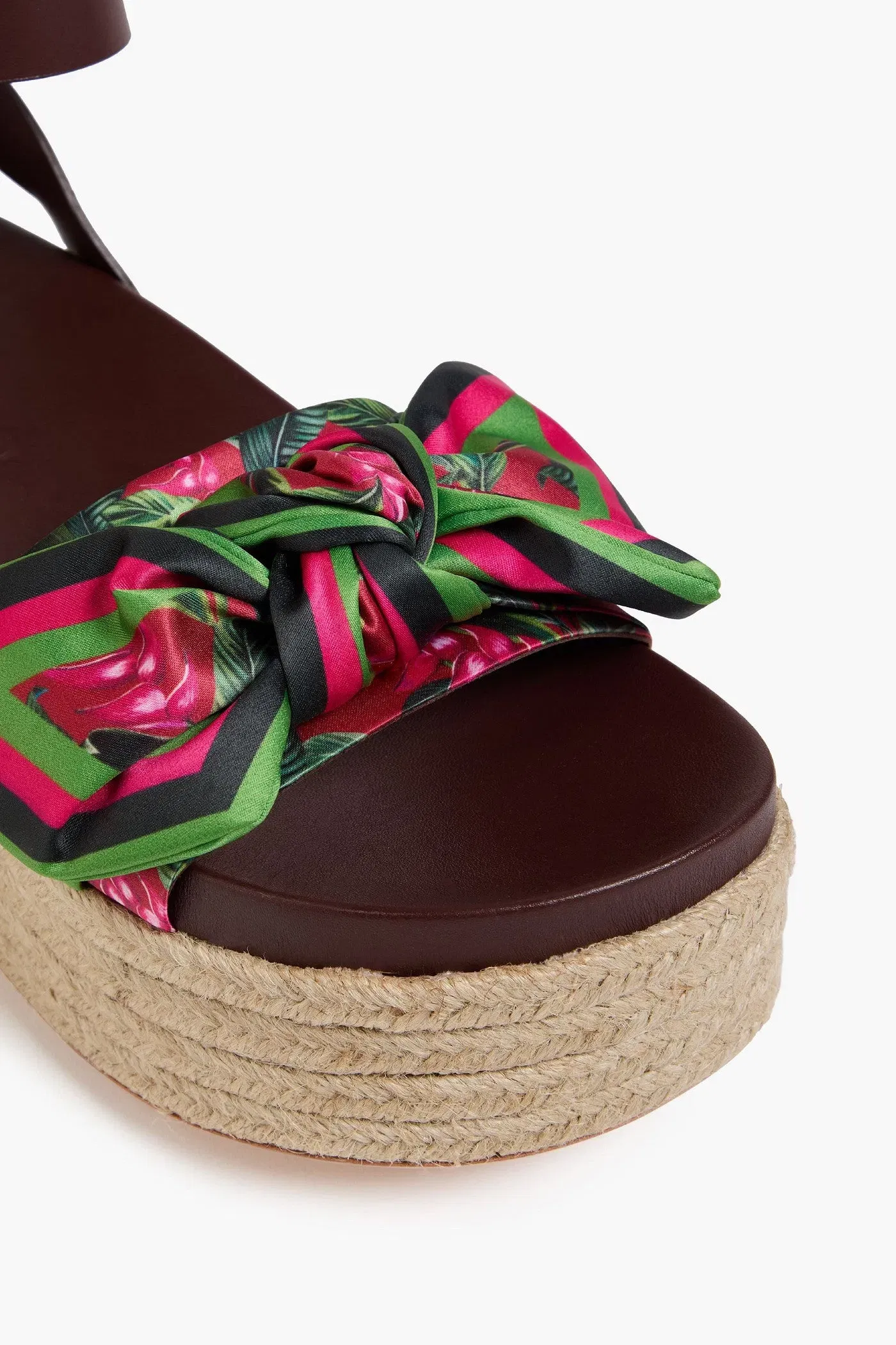 Farm Rio Printed Satin And Leather Espadrille Platform Sandals Leaf Green Women's