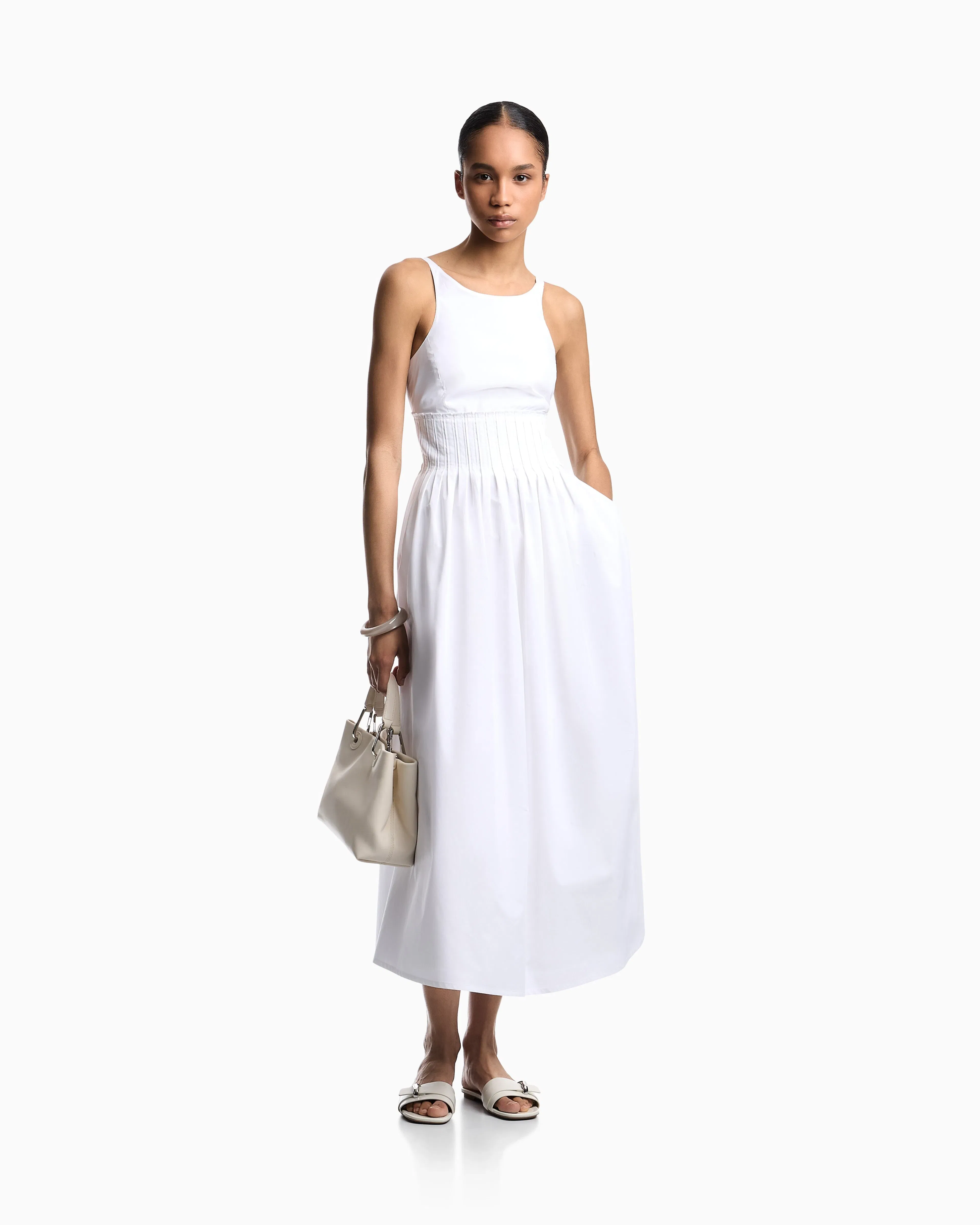 Emporio Armani Long dress in poplin with smocked motif