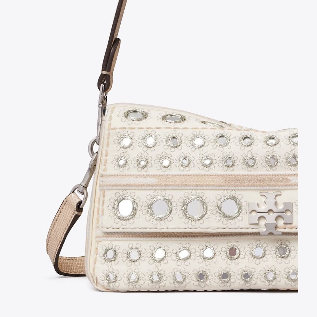 Tory Burch Small Charlie Embellished Shoulder Bag New Ivory