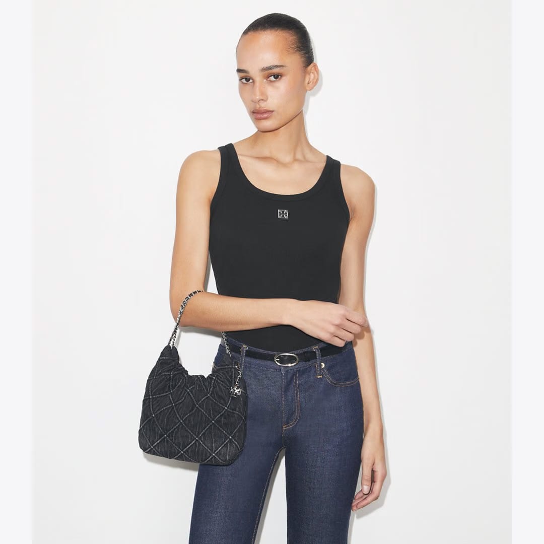 Tory Burch Mini Fleming Soft Denim Hobo Bag Black
