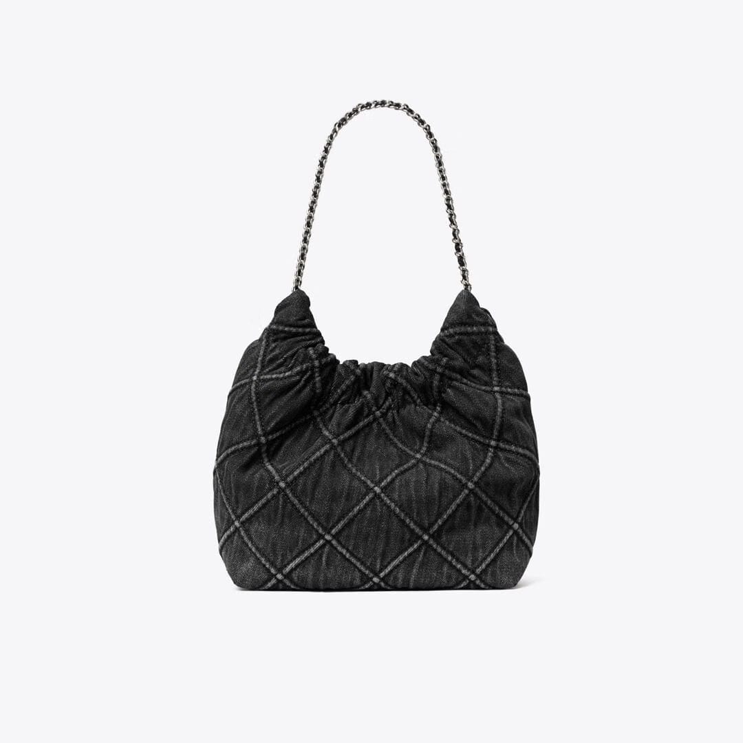 Tory Burch Mini Fleming Soft Denim Hobo Bag Black