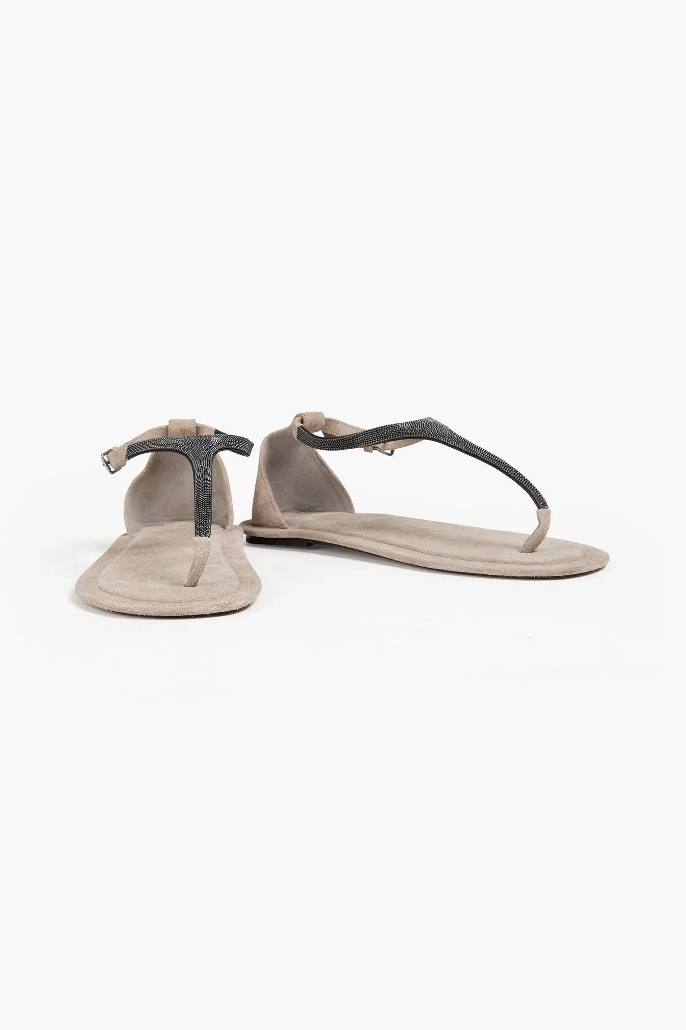 Brunello Cucinelli Bead-Embellished Suede Sandals Stone Women's