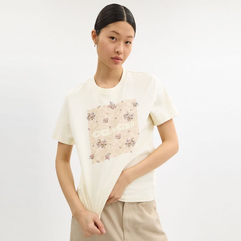 Coach Spring Blossom Signature Square Classic T-Shirt In Organic Cotton Cream