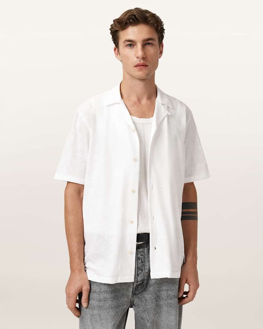 AllSaints Robson Short Sleeve Ramskull Shirt Off White