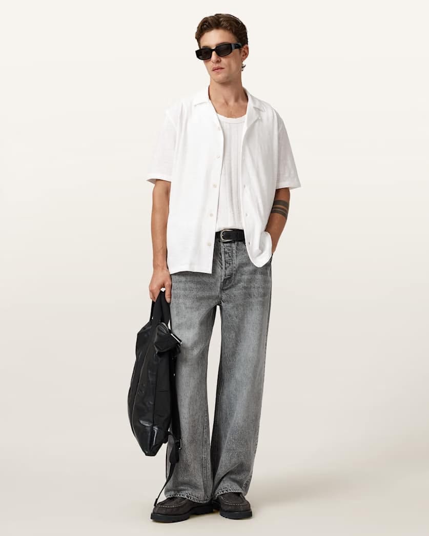 AllSaints Robson Short Sleeve Ramskull Shirt Off White