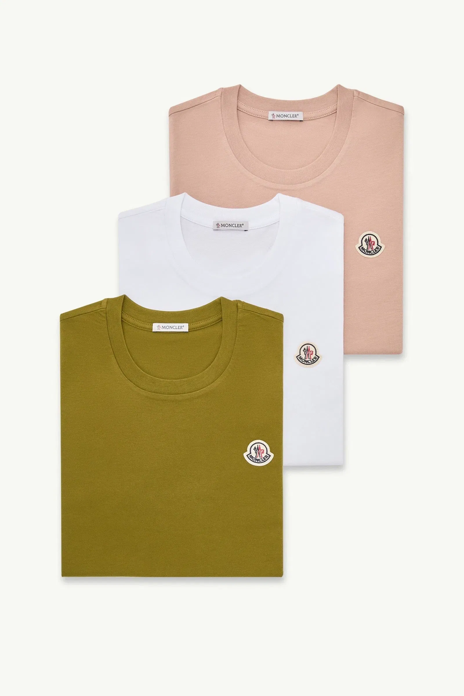 Moncler Logo Patch Cotton T-Shirt (Pack Of Three) White & Olive Green & Pink White & Olive Green & Pink