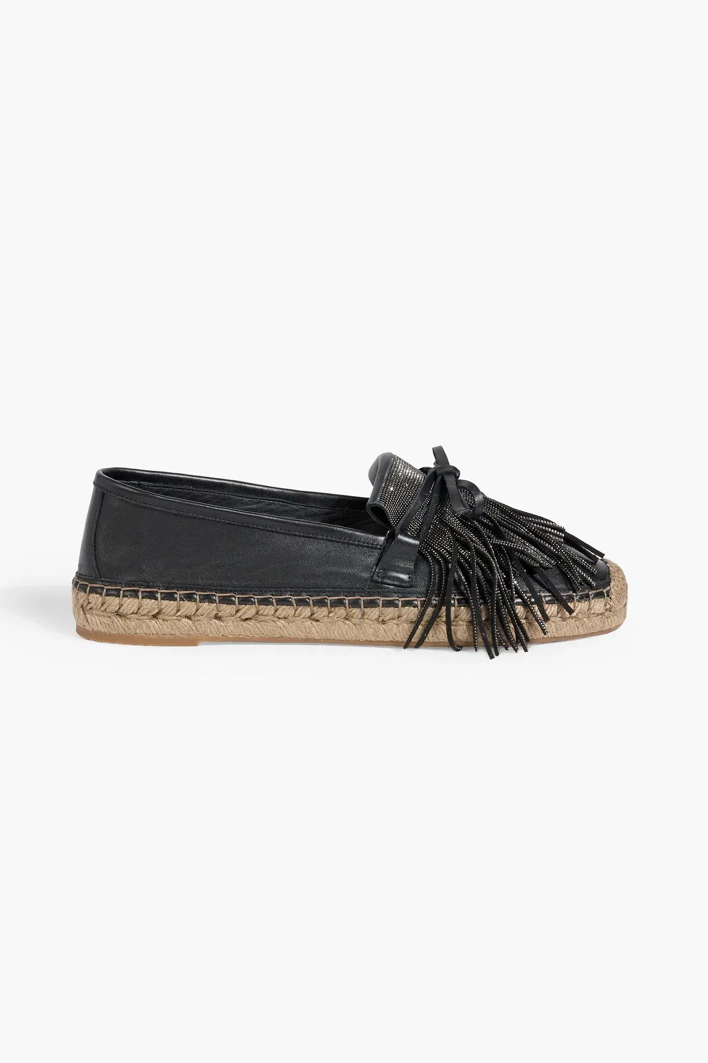 Brunello Cucinelli Fringed Bead-Embellished Leather Espadrilles Black Women's