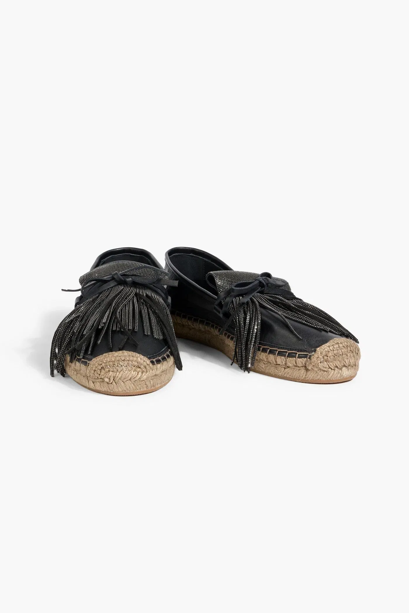 Brunello Cucinelli Fringed Bead-Embellished Leather Espadrilles Black Women's