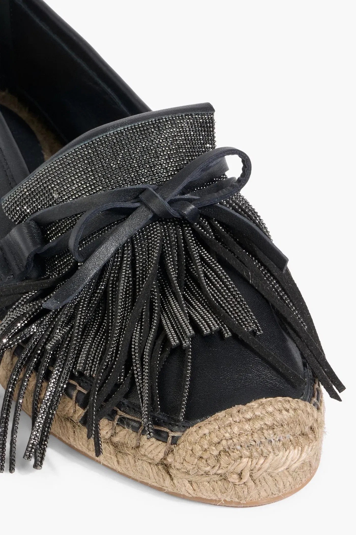 Brunello Cucinelli Fringed Bead-Embellished Leather Espadrilles Black Women's