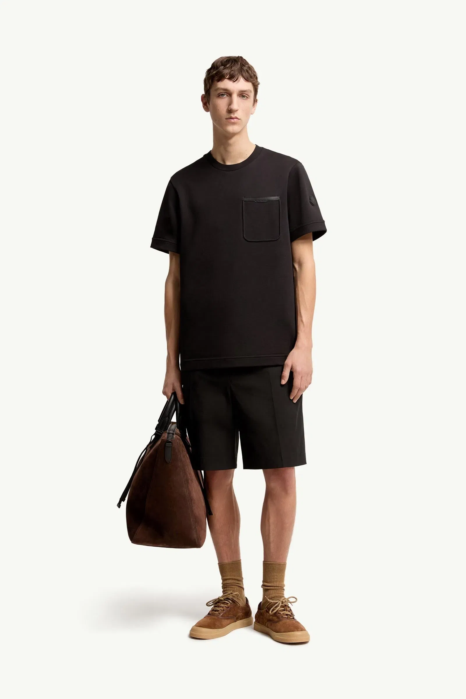 Moncler Leather-Trimmed Cotton T-Shirt Black Black