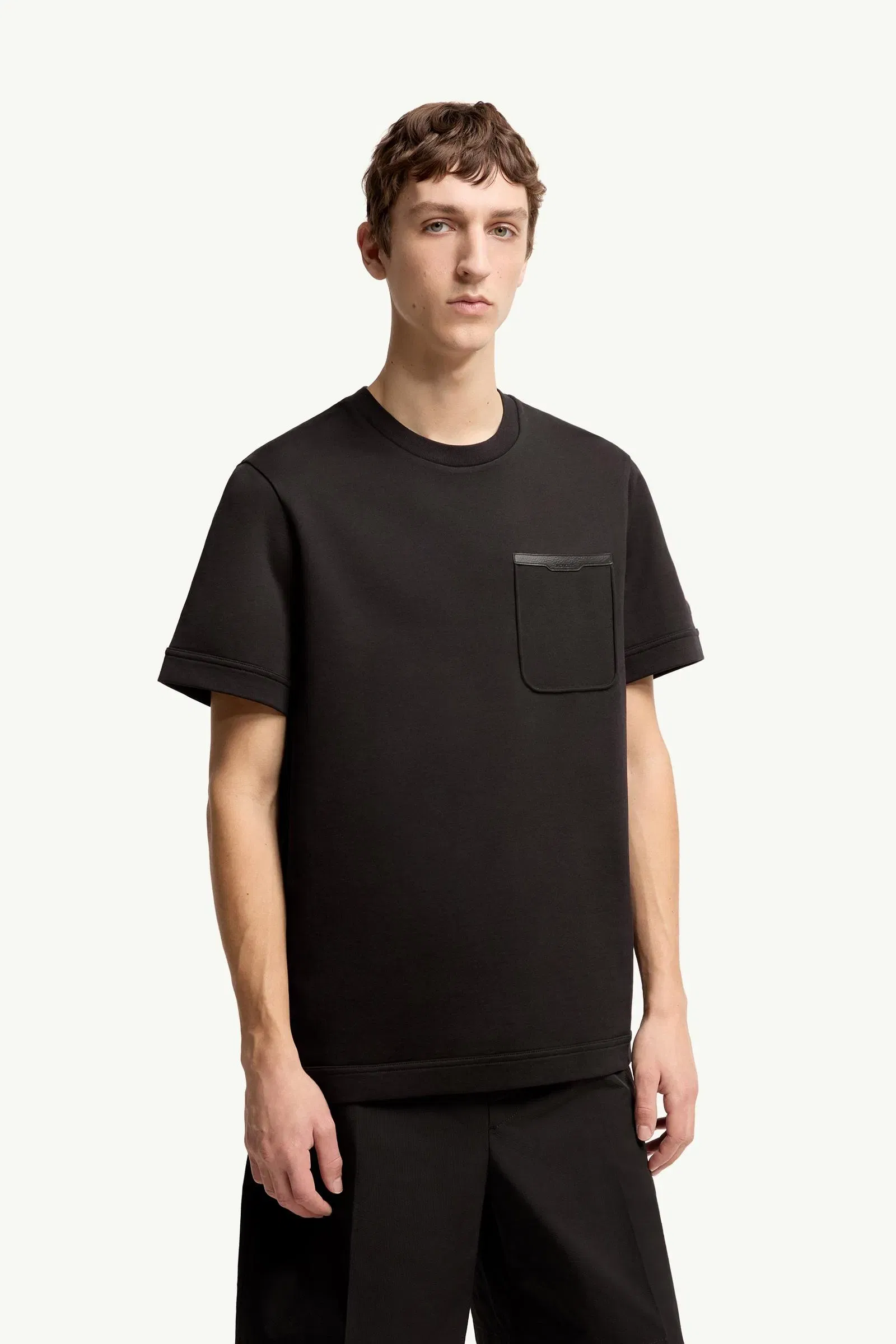Moncler Leather-Trimmed Cotton T-Shirt Black Black