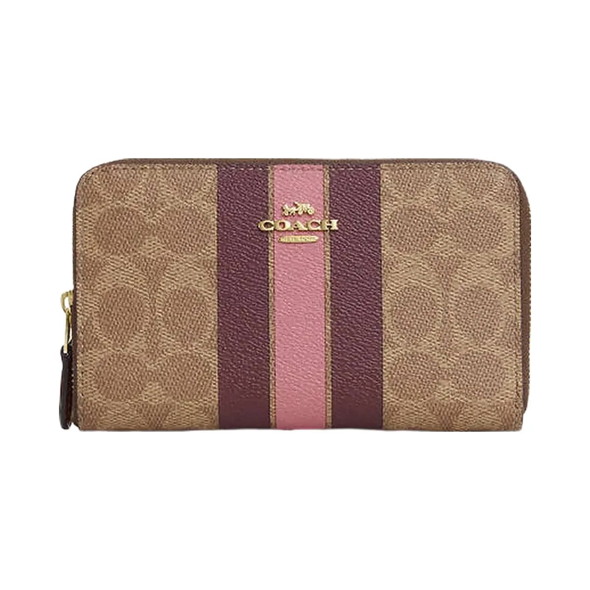Coach Medium Id Zip Wallet In Signature Canvas With Varsity Stripe Gold-Tan Multi