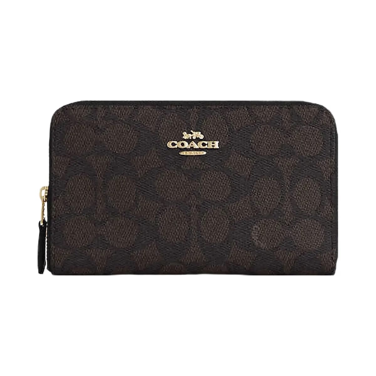 Coach Medium Id Zip Wallet In Signature Canvas Signature Canvas-Gold-Walnut-Black