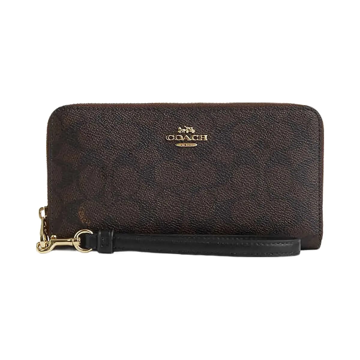 Coach Long Zip Around Wallet In Signature Canvas Signature Canvas-Gold-Walnut-Black