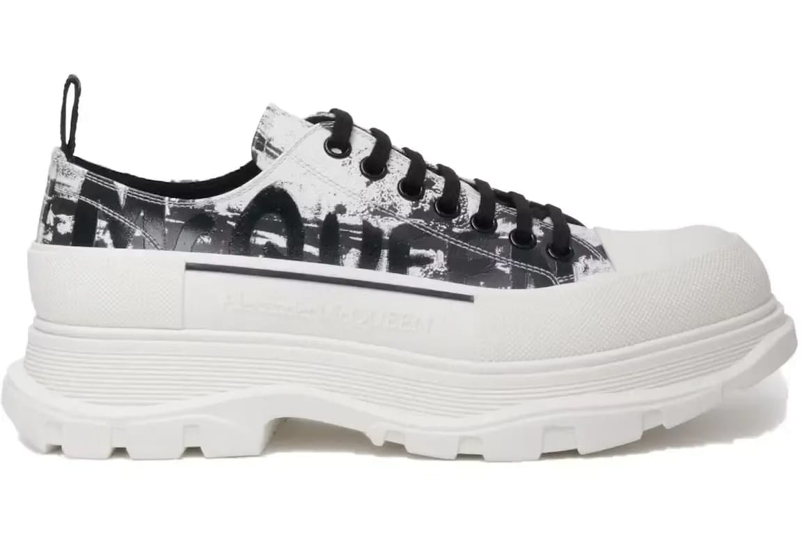 Alexander McQueen Graffiti Tread Slick Low Lace Up Black White