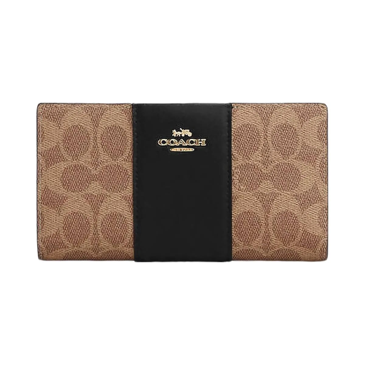 Coach Slim Zip Wallet In Signature Canvas With Stripe Signature Canvas-Gold-Tan-Black