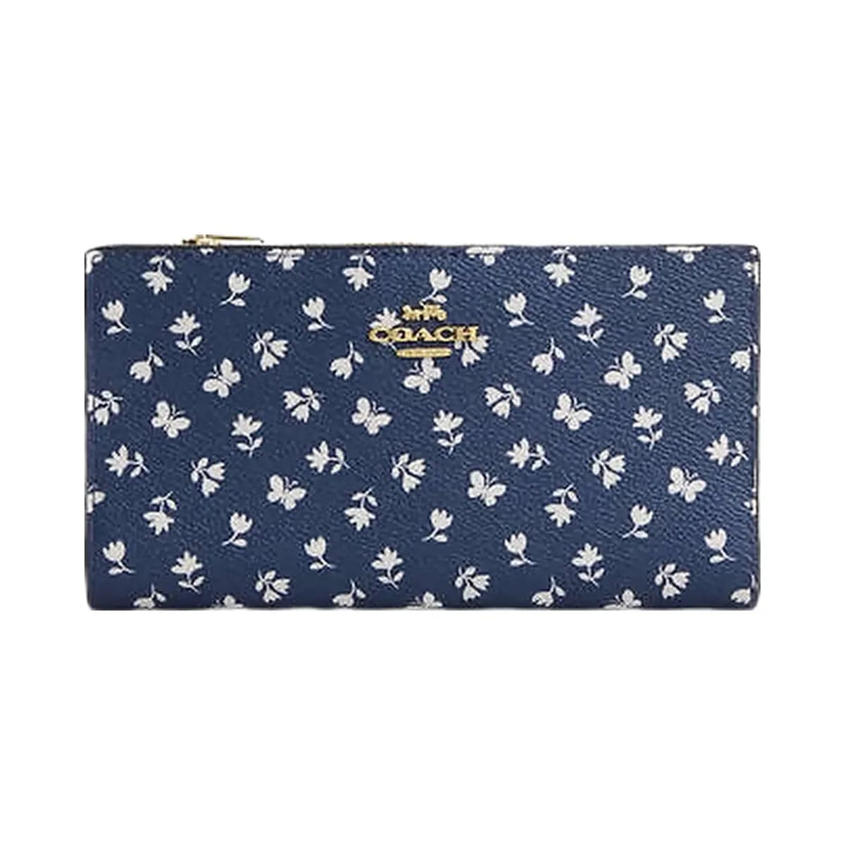 Coach Slim Zip Wallet With Floral Print Gold-Deep Blue Multi