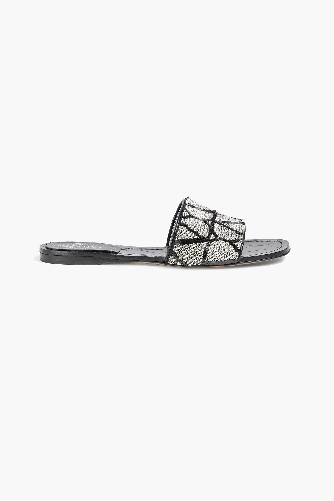 Valentino Garavani Vlogo Leather-Trimmed Sequined Satin Slides Black Women's
