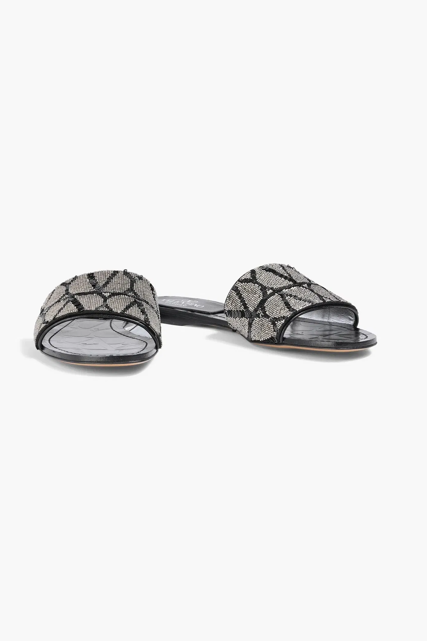 Valentino Garavani Vlogo Leather-Trimmed Sequined Satin Slides Black Women's