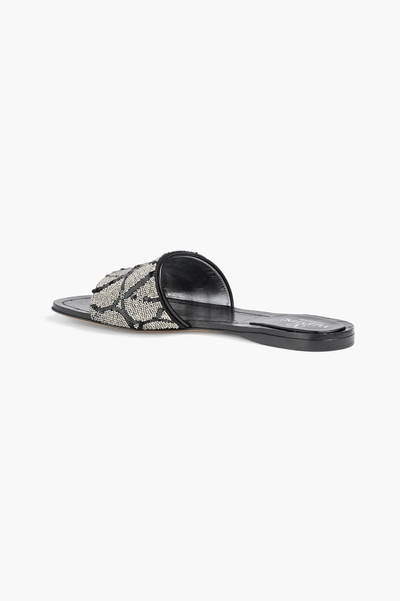 Valentino Garavani Vlogo Leather-Trimmed Sequined Satin Slides Black Women's
