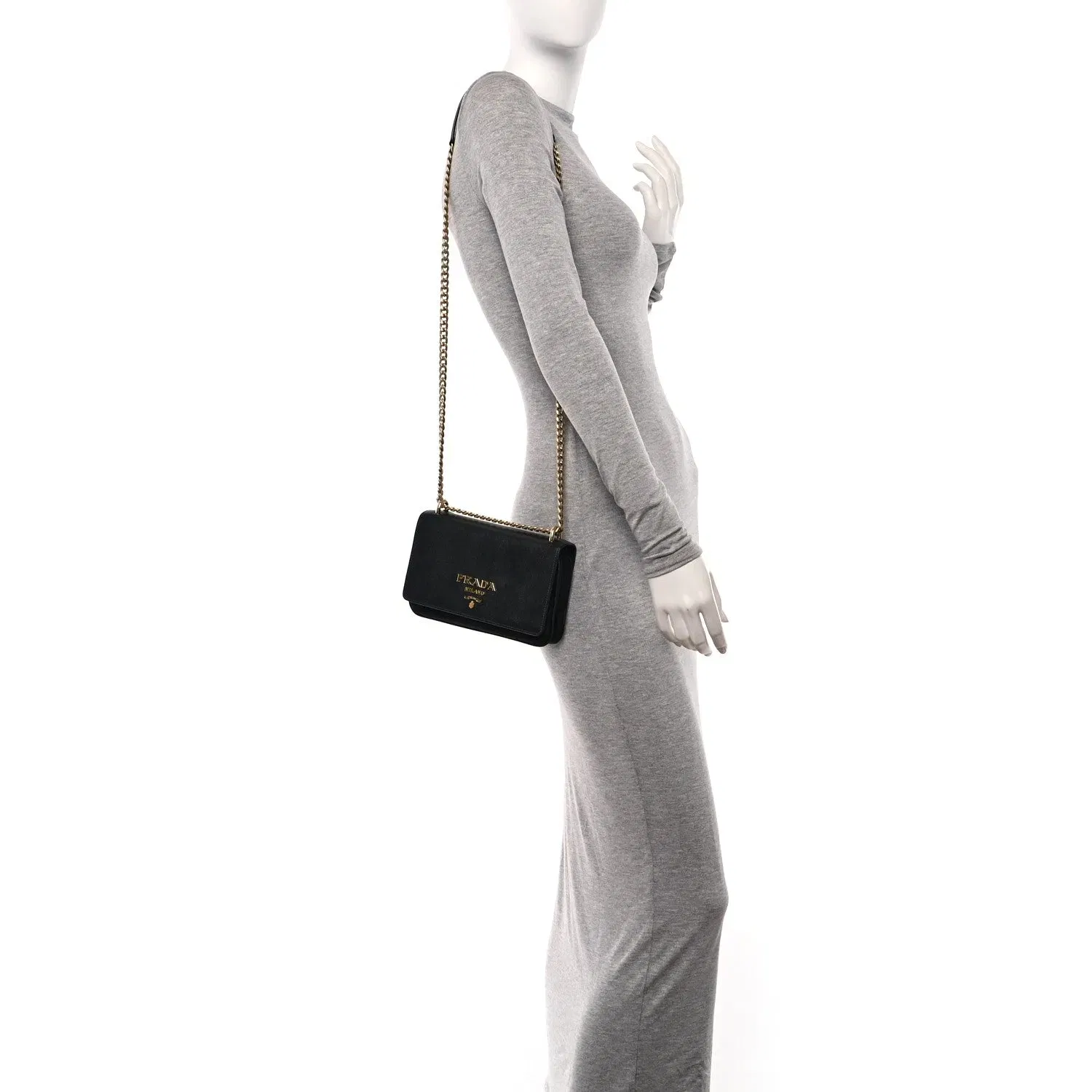 Saffiano Tessuto Nylon Chain Shoulder Bag Black
