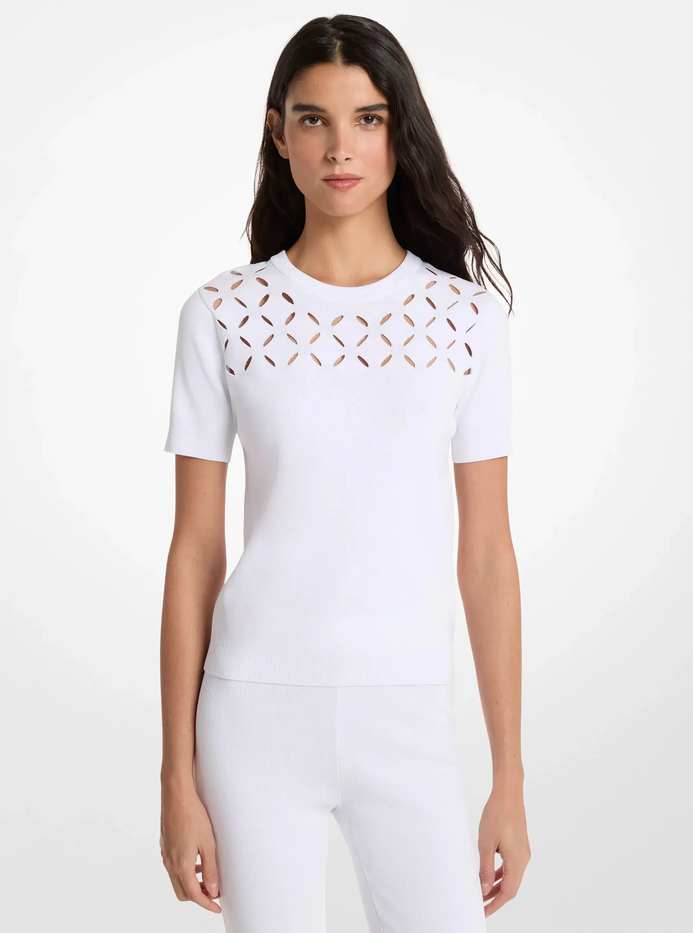 Michael Kors Laser Cut Stretch Knit Top WHITE
