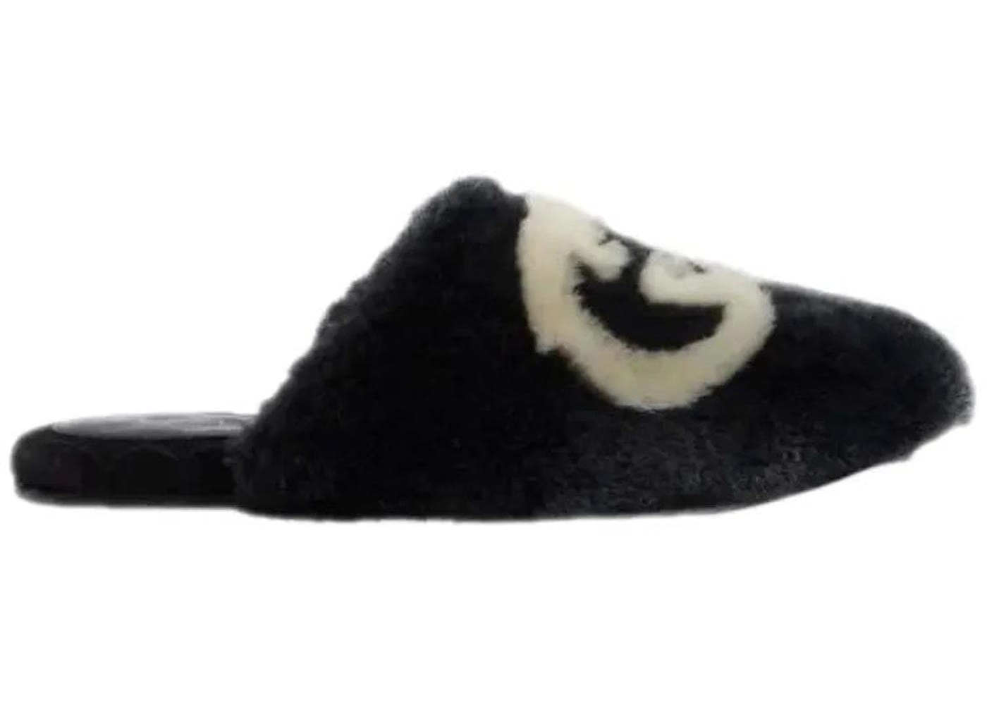Gucci Interlocking G Faux-Fur Slippers Black White Womens