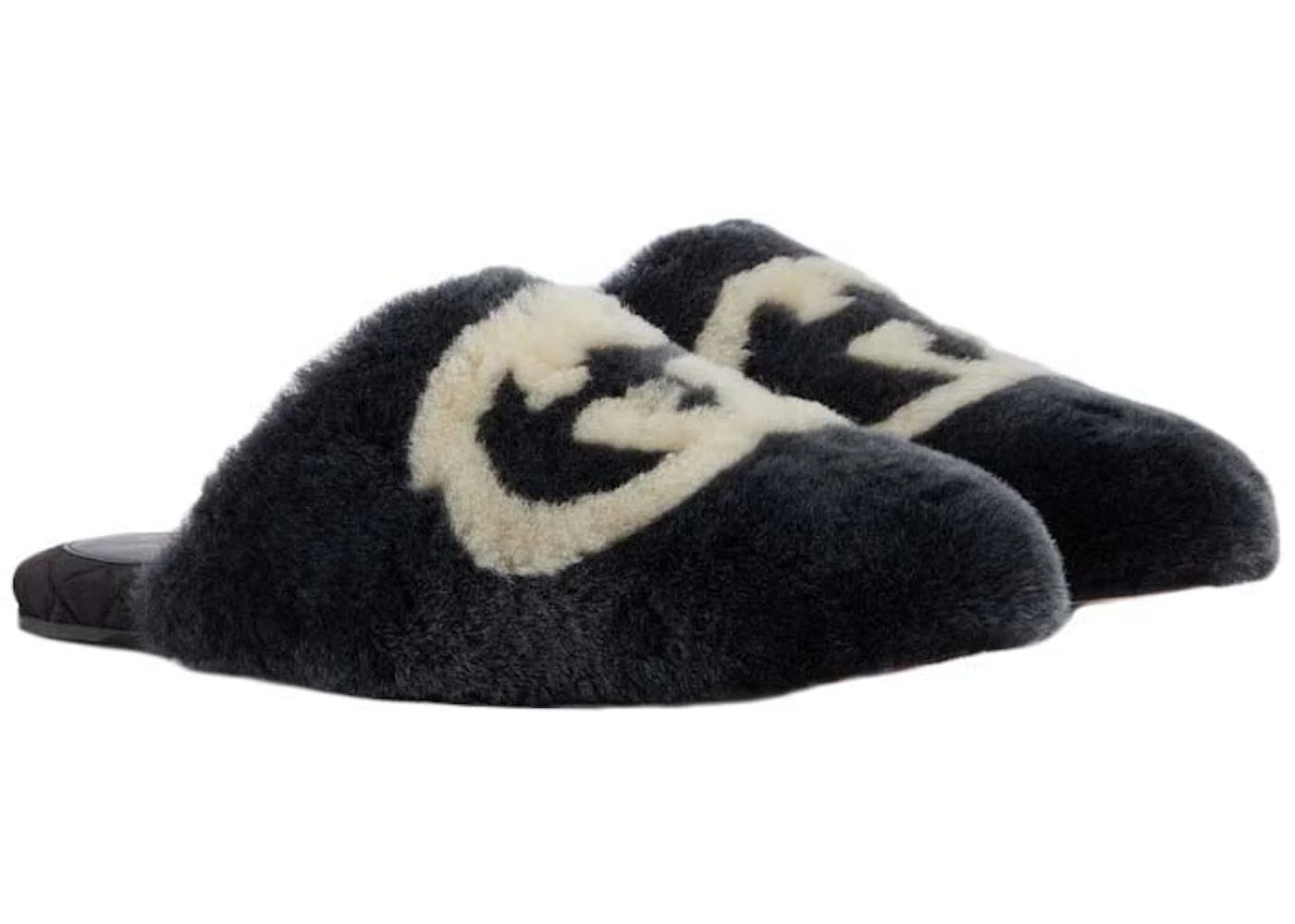 Gucci Interlocking G Faux-Fur Slippers Black White Womens