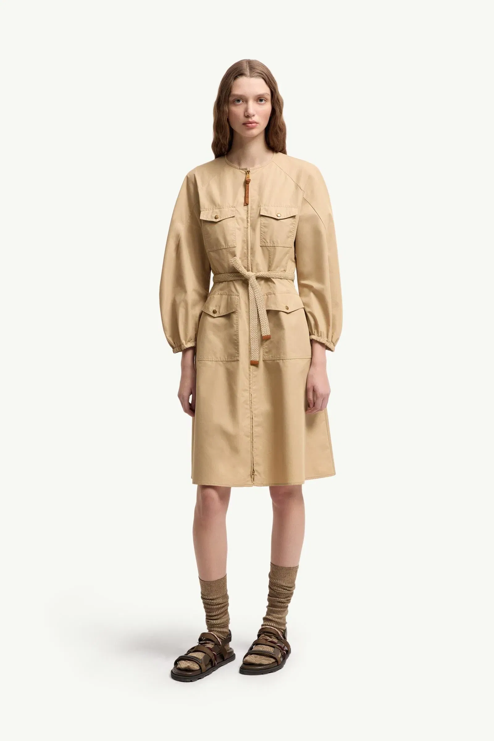 Moncler Pleated Poplin Dress Light Beige Light Beige