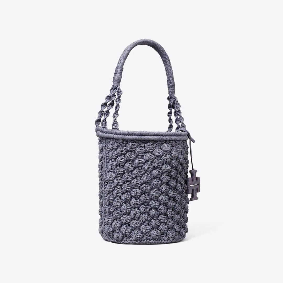 Tory Burch Ella Hand-Crocheted Popcorn Bucket Bag Gray