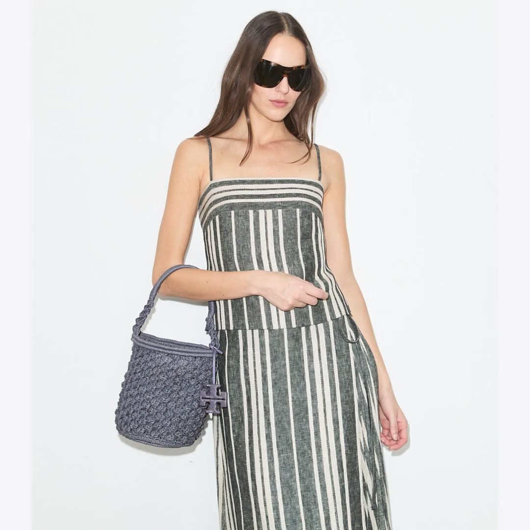 Tory Burch Ella Hand-Crocheted Popcorn Bucket Bag Gray