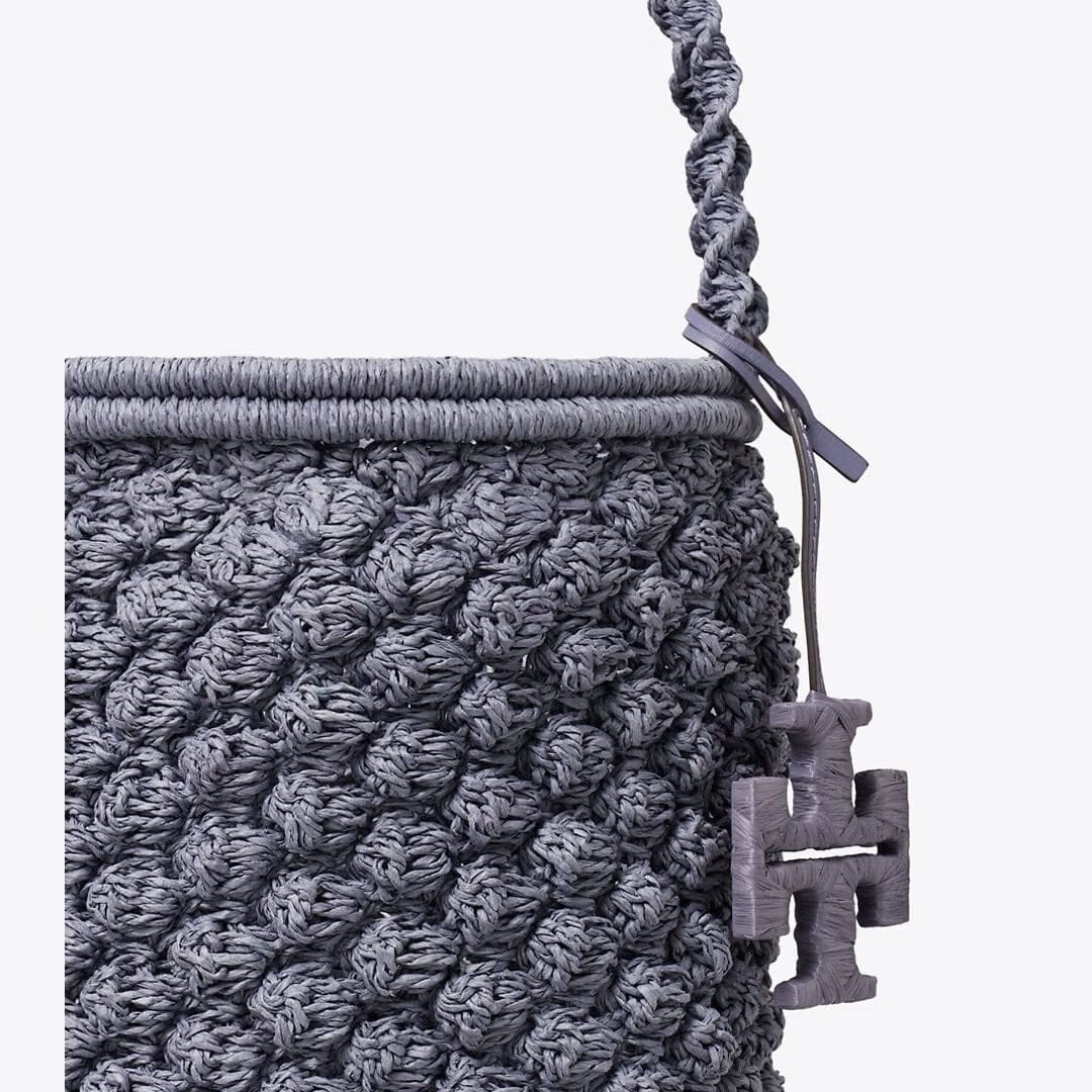 Tory Burch Ella Hand-Crocheted Popcorn Bucket Bag Gray