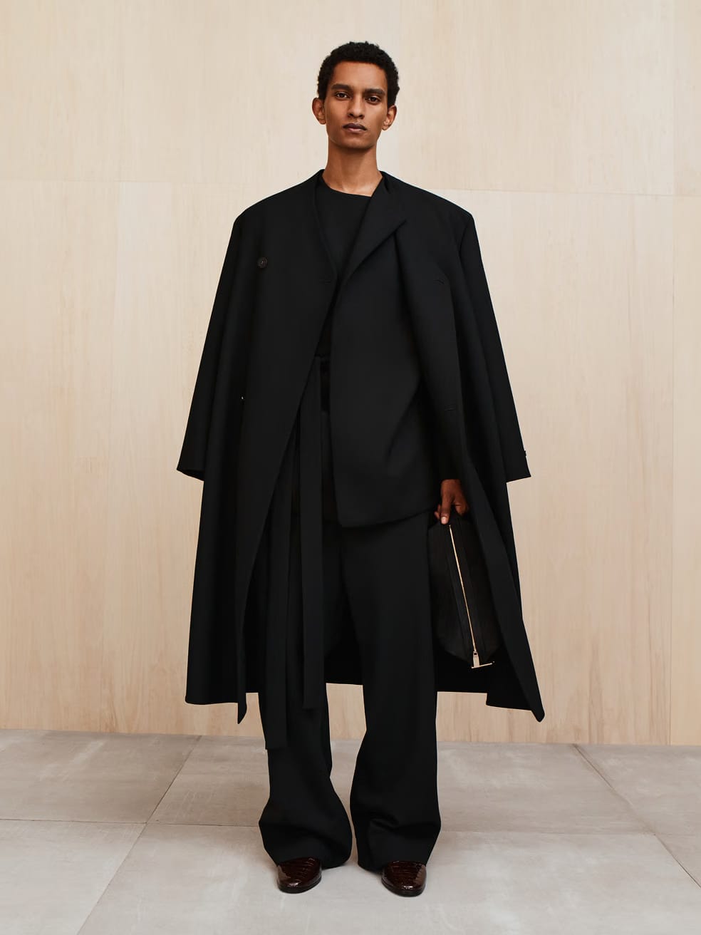Essentials Double Weave Wool Double Breasted Lapelless Coat Black