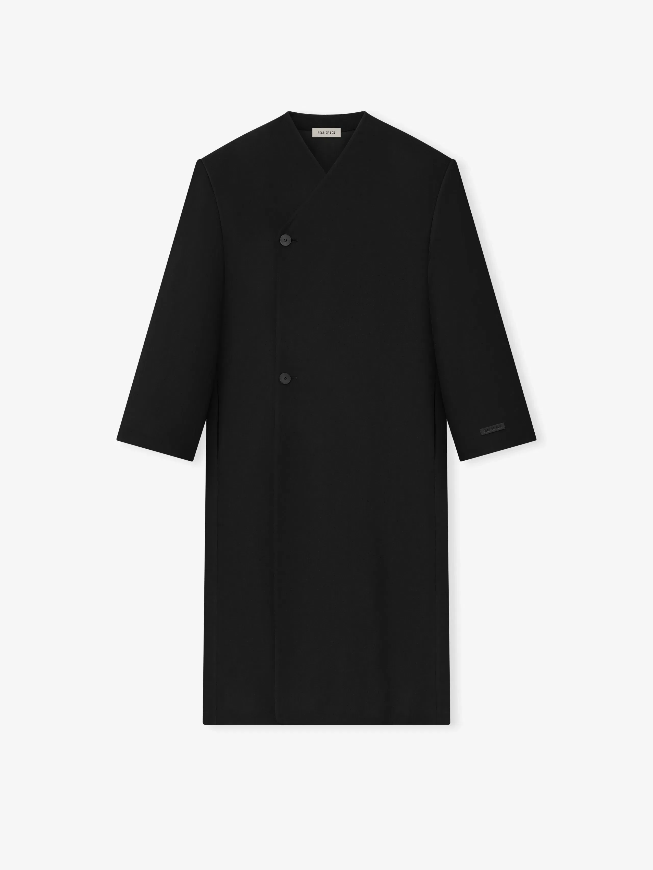 Essentials Double Weave Wool Double Breasted Lapelless Coat Black