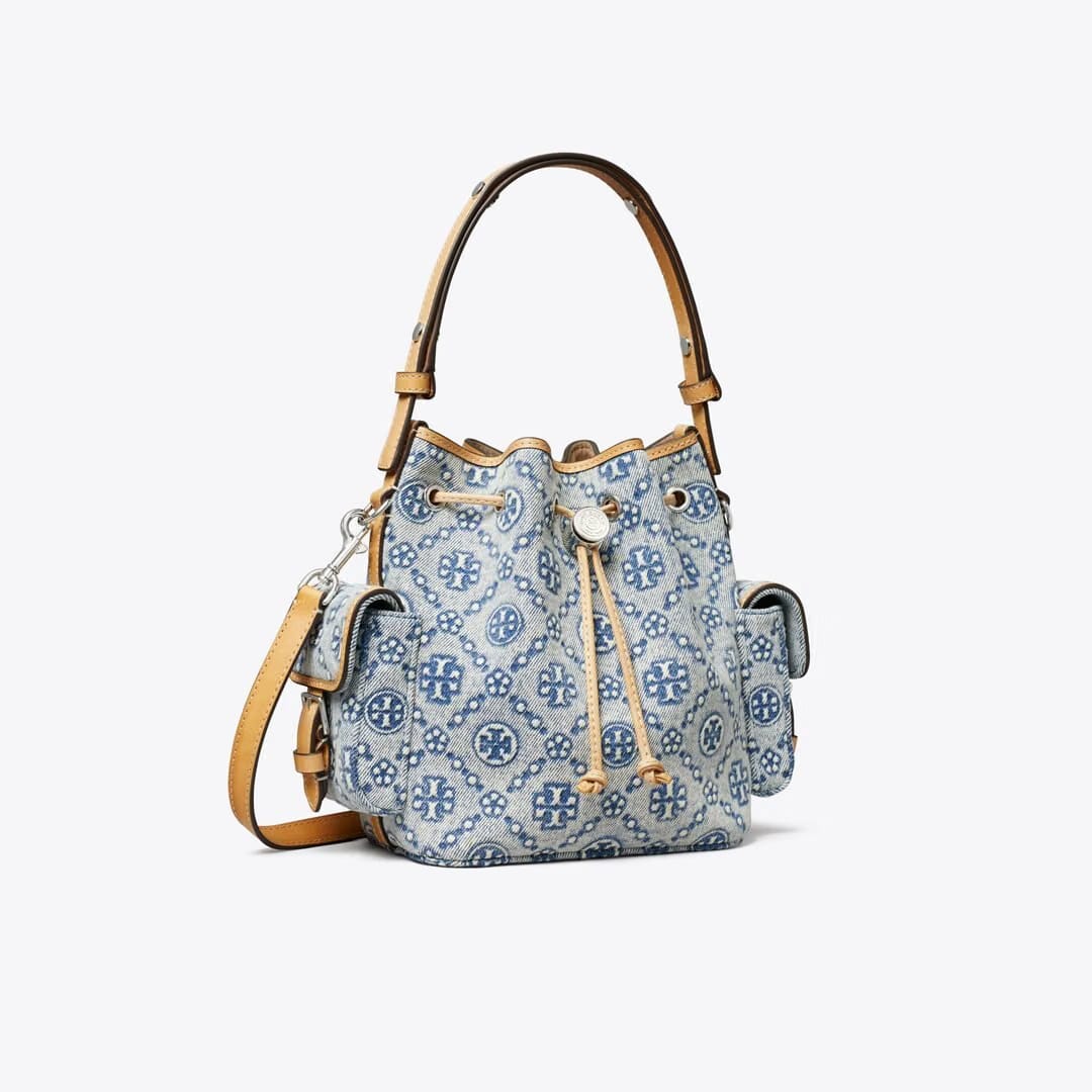 Tory Burch T Monogram Denim Bucket Bag Powder Blue