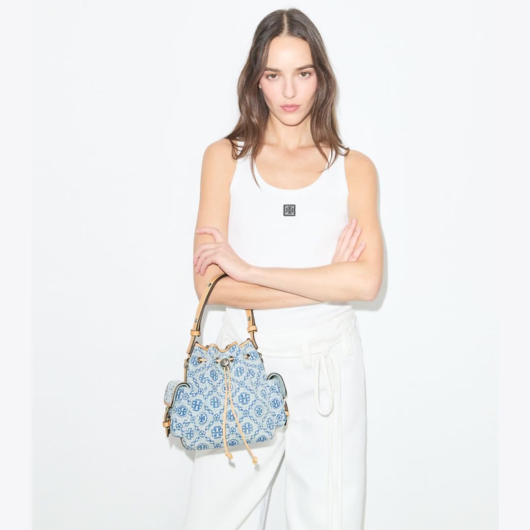 Tory Burch T Monogram Denim Bucket Bag Powder Blue