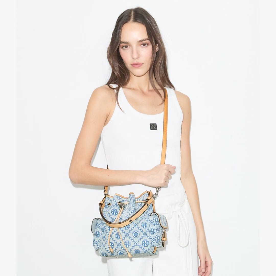 Tory Burch T Monogram Denim Bucket Bag Powder Blue