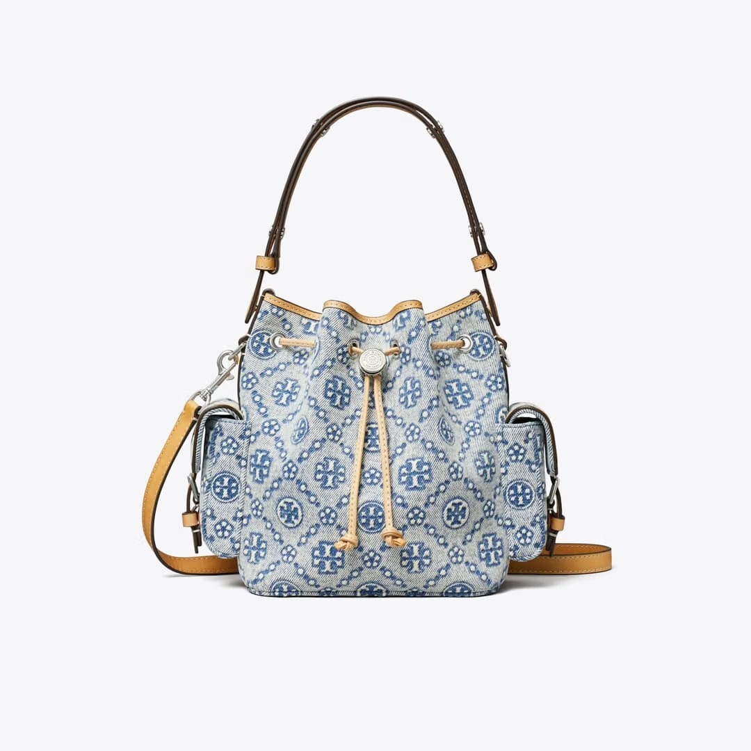 Tory Burch T Monogram Denim Bucket Bag Powder Blue