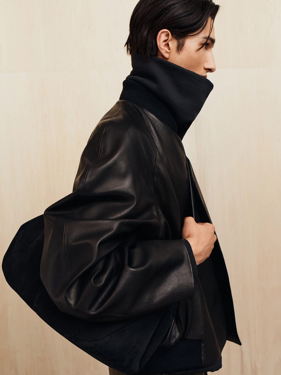 Essentials Leather Raglan Bomber Jacket Black
