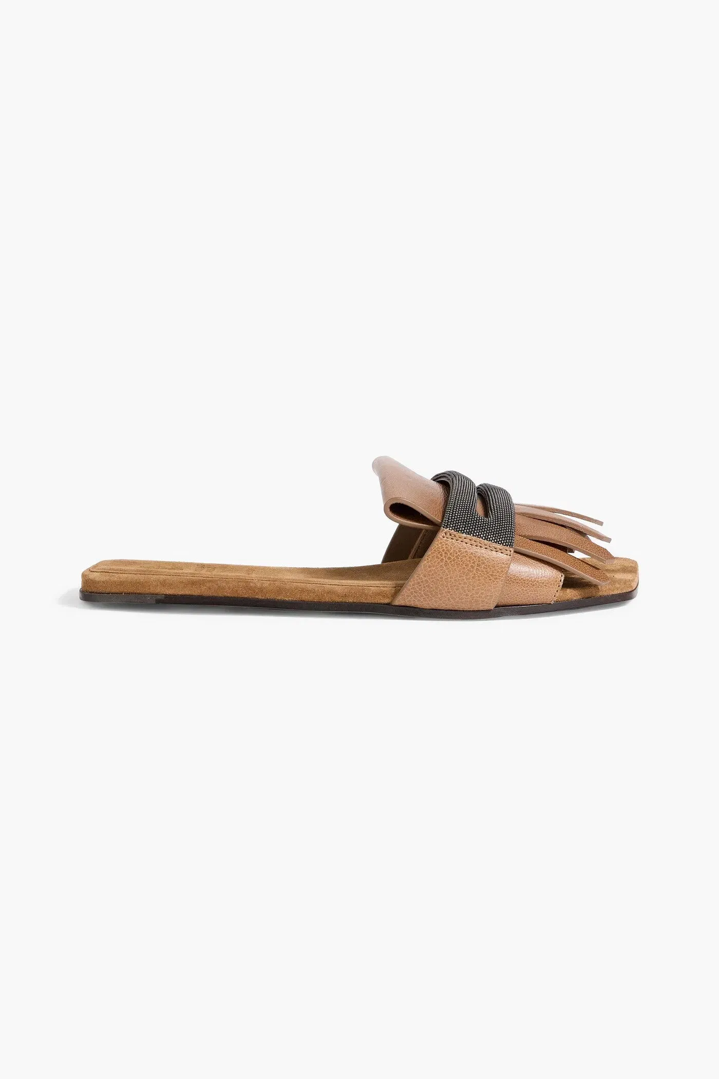 Brunello Cucinelli Bead-Embellished Fringed Leather Slides Camel Women's