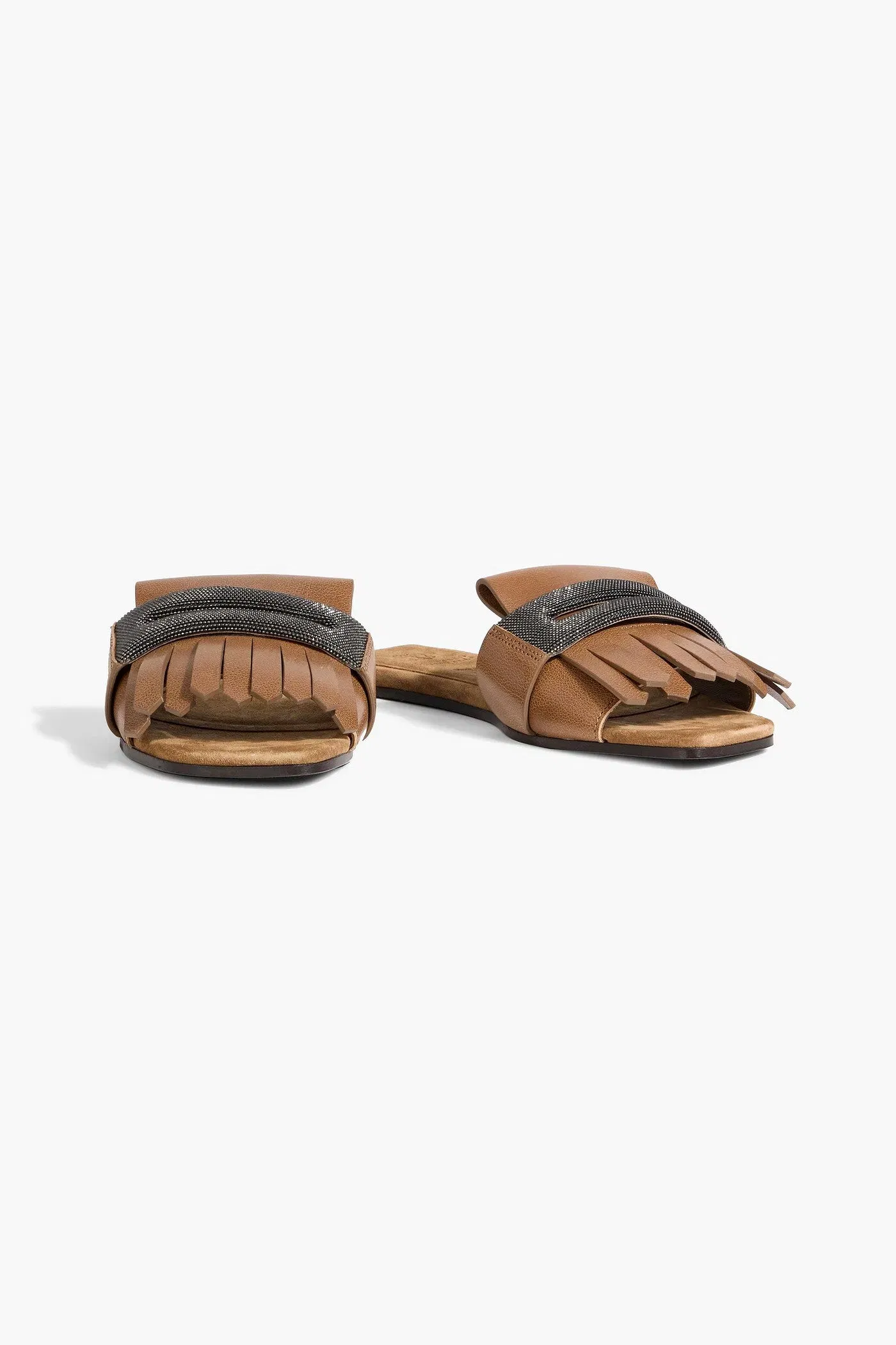 Brunello Cucinelli Bead-Embellished Fringed Leather Slides Camel Women's