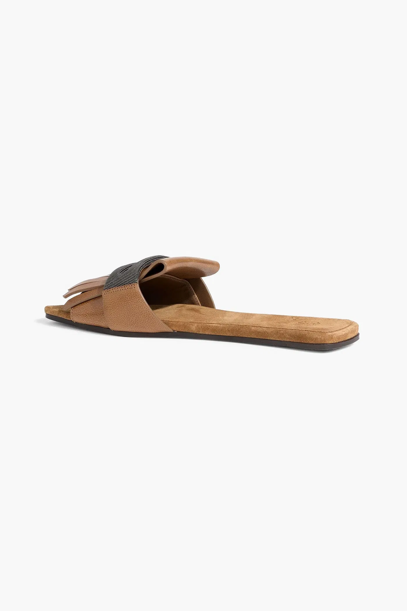 Brunello Cucinelli Bead-Embellished Fringed Leather Slides Camel Women's