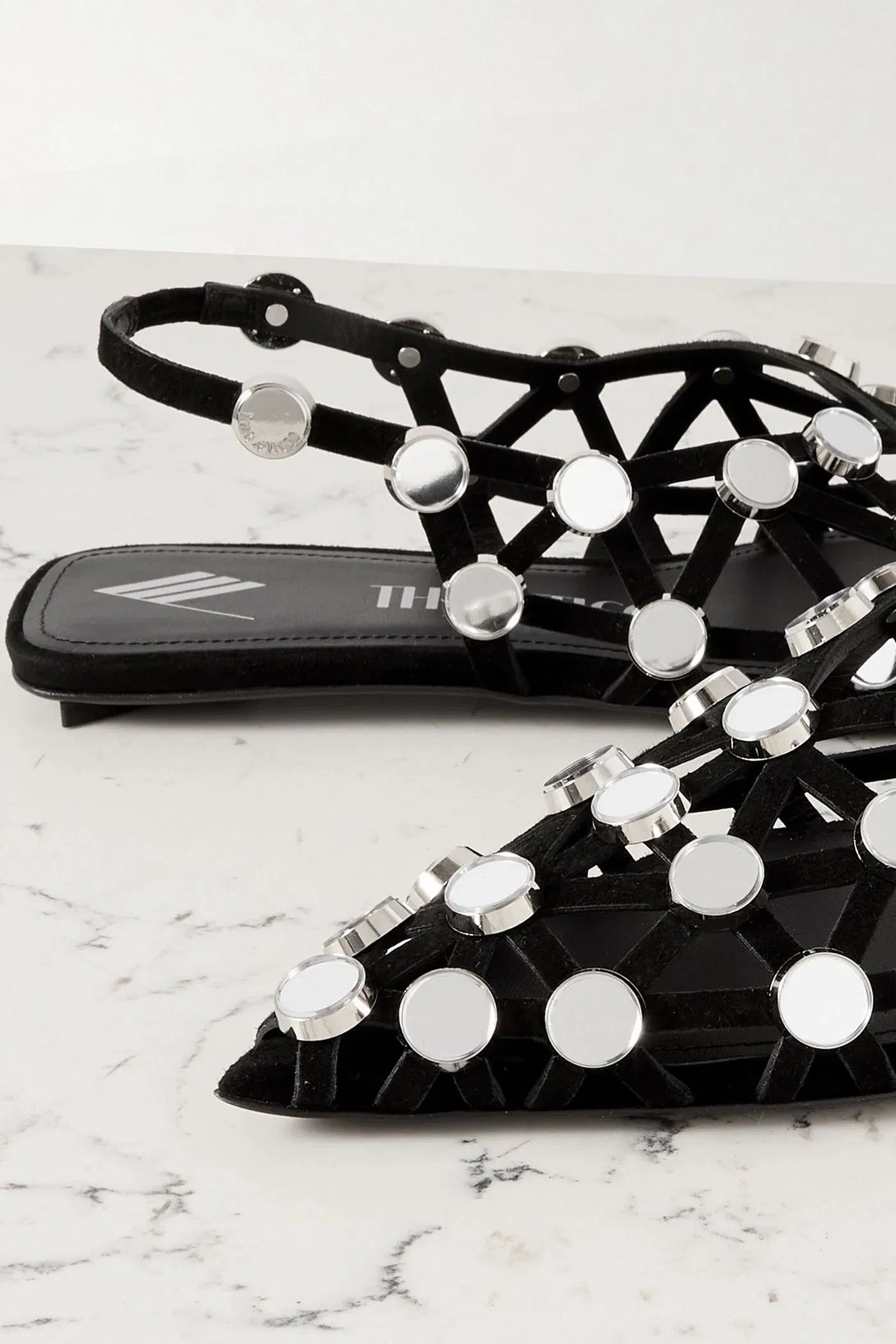 The Attico Grid Studded Suede Slingback Point-Toe Flats Black Women's