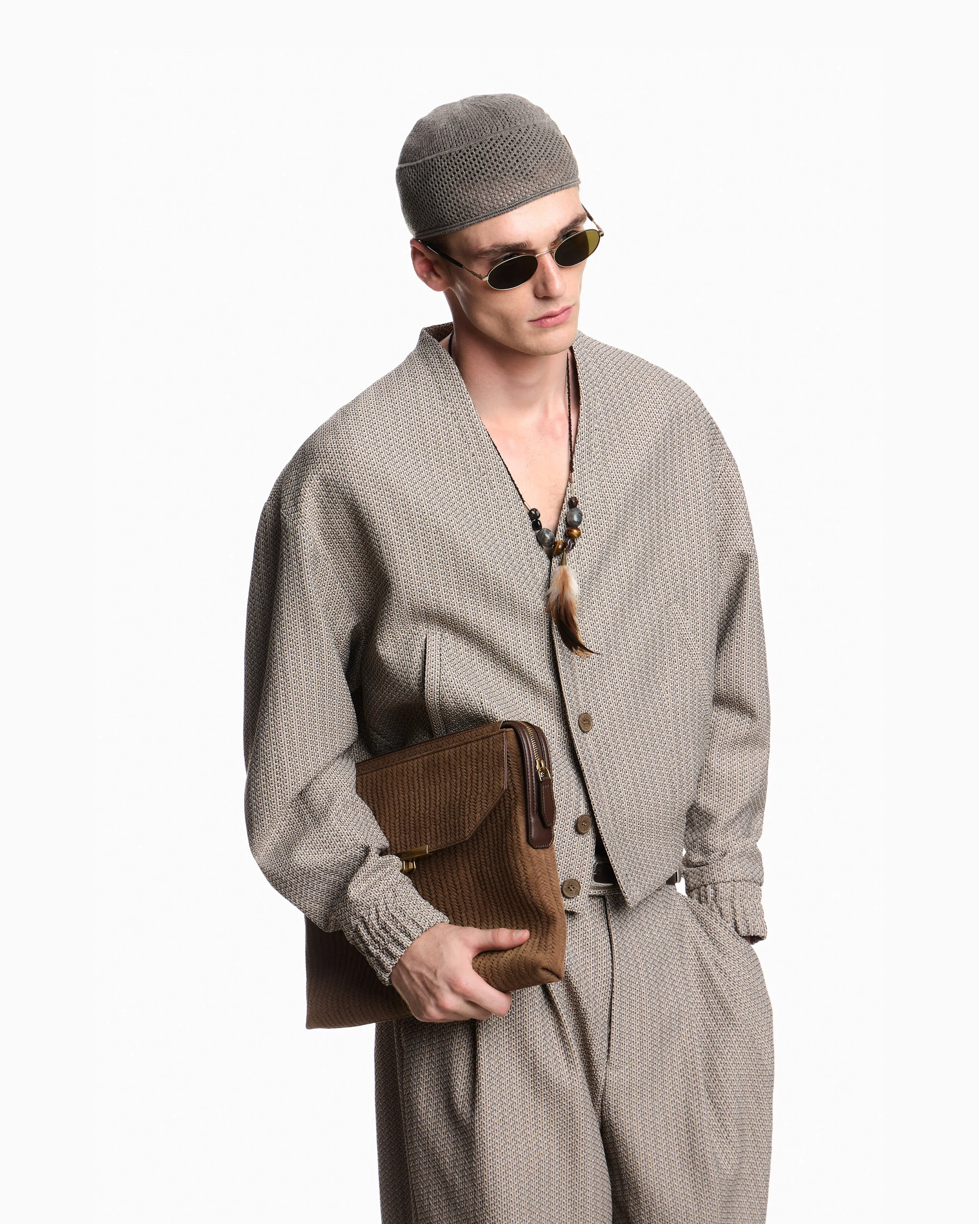 Emporio Armani V-neck blouson in 3D effect micro-pattern fabric