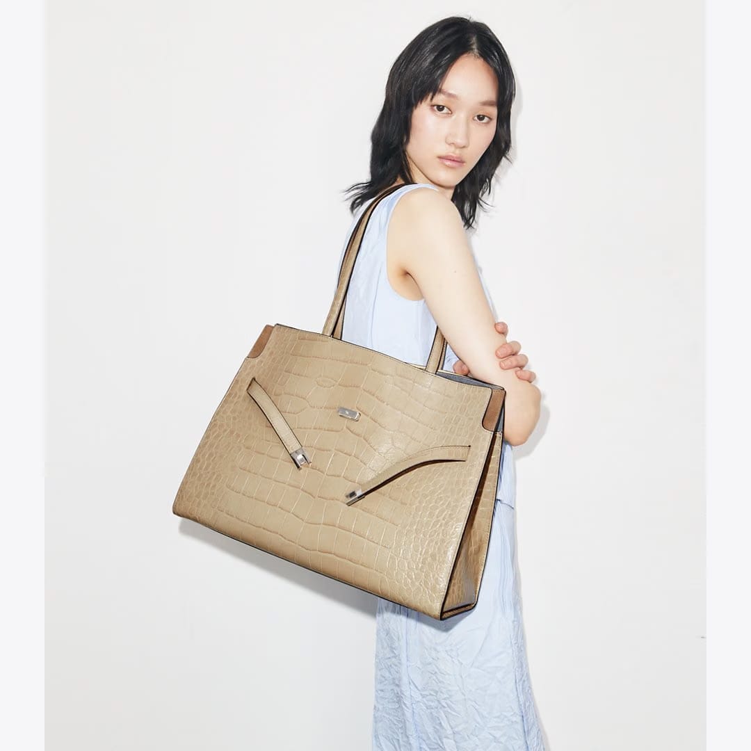 Tory Burch Lee Radziwill Embossed Tote Ginger Leaf