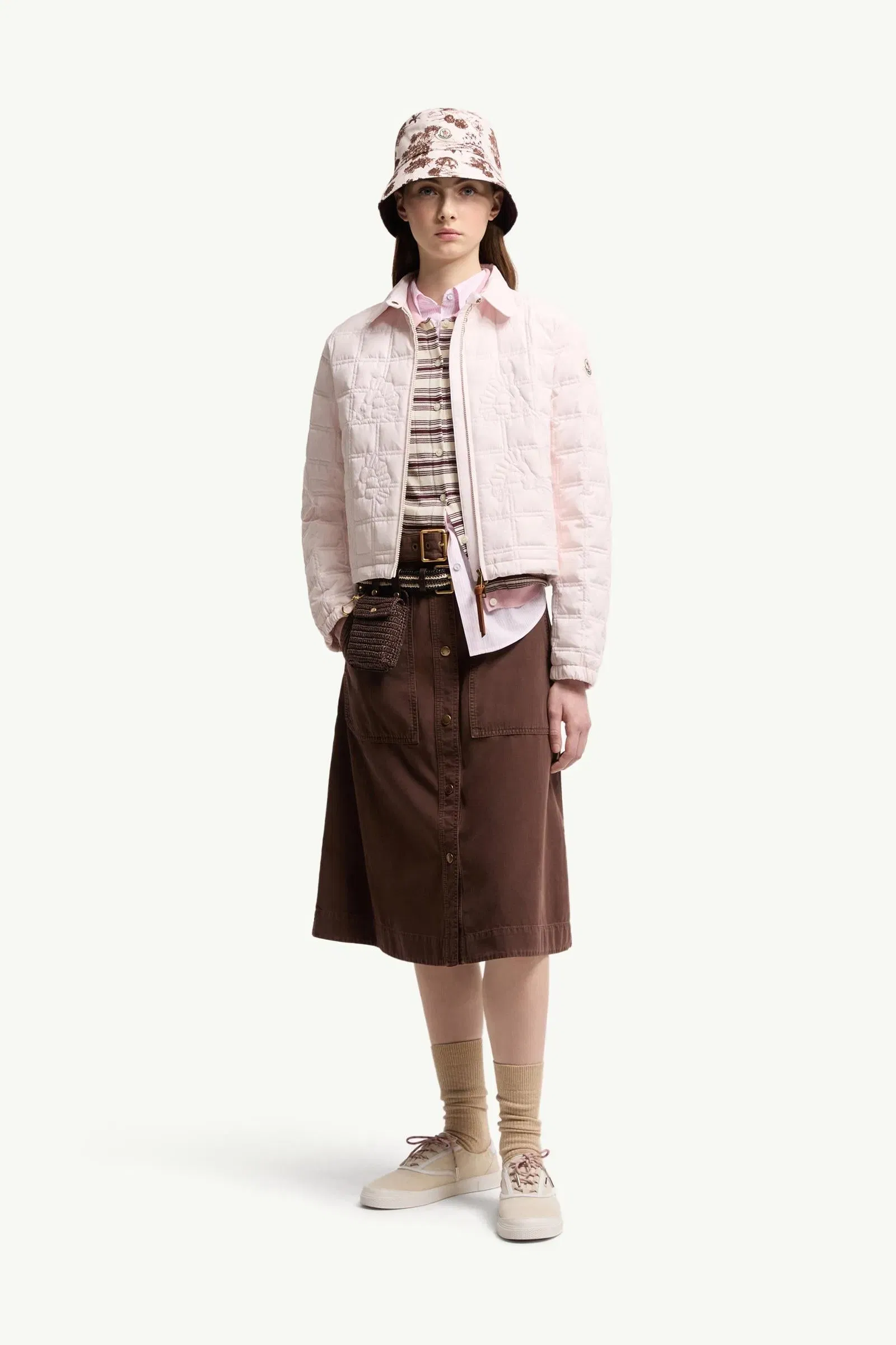 Moncler Belted Knee-Length Cotton Skirt Burgundy Burgundy
