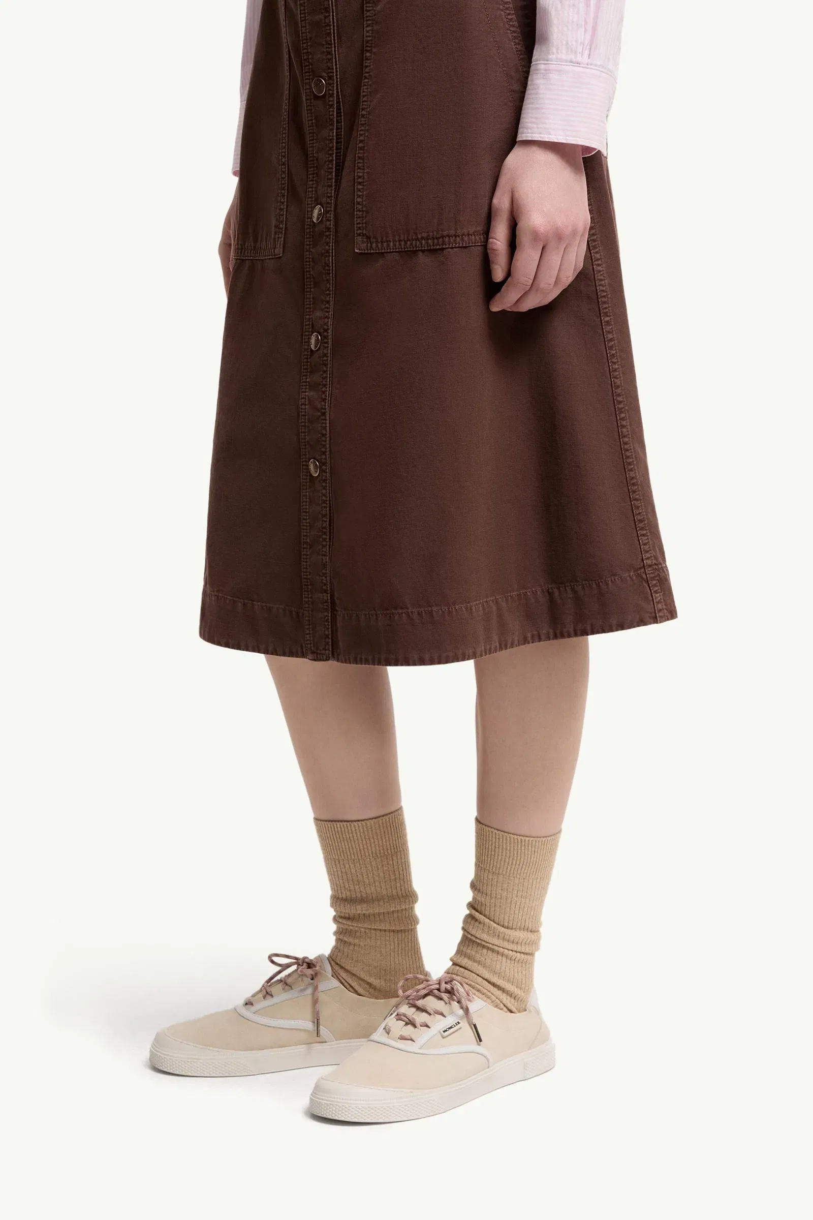 Moncler Belted Knee-Length Cotton Skirt Burgundy Burgundy