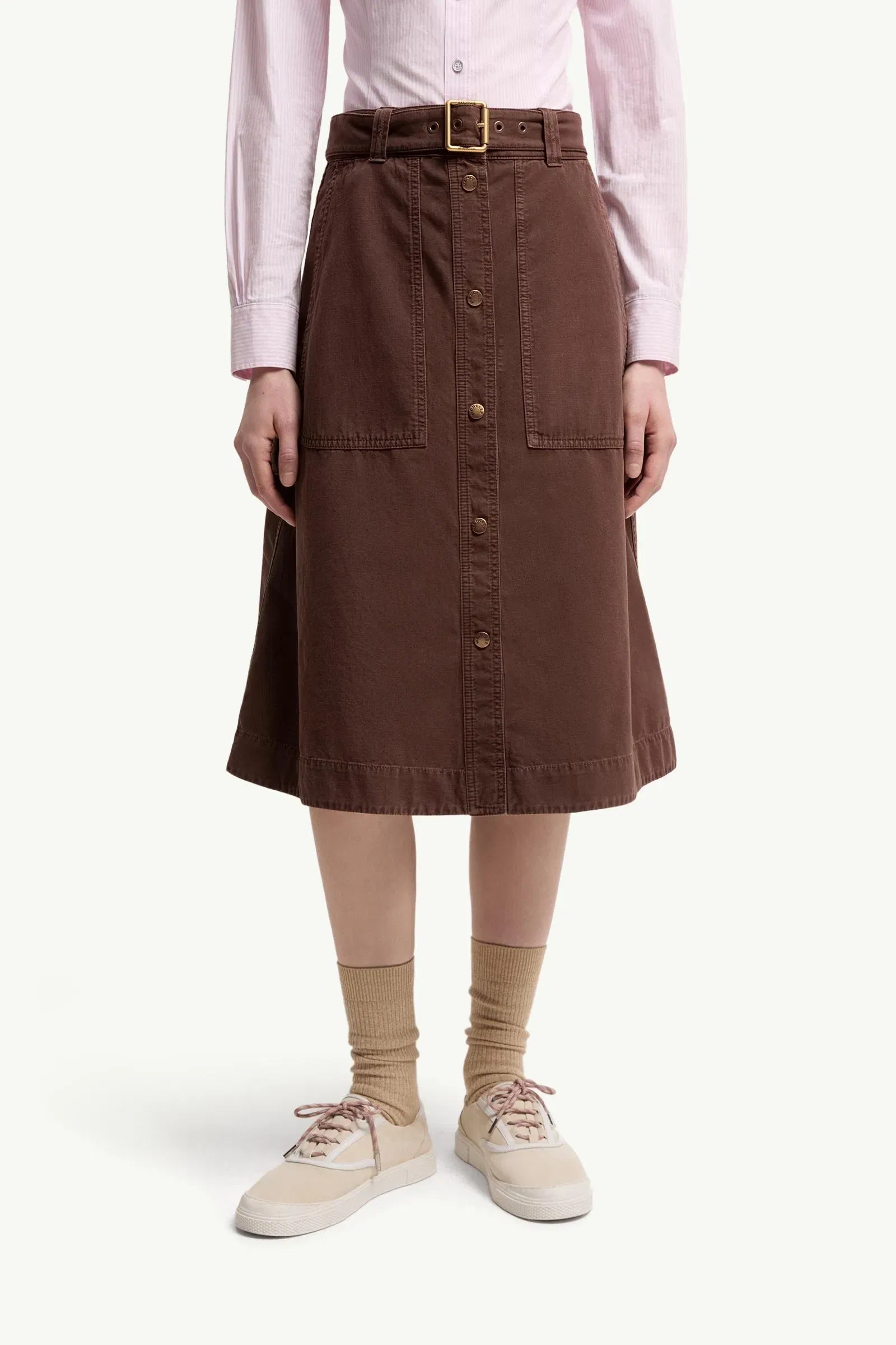 Moncler Belted Knee-Length Cotton Skirt Burgundy Burgundy