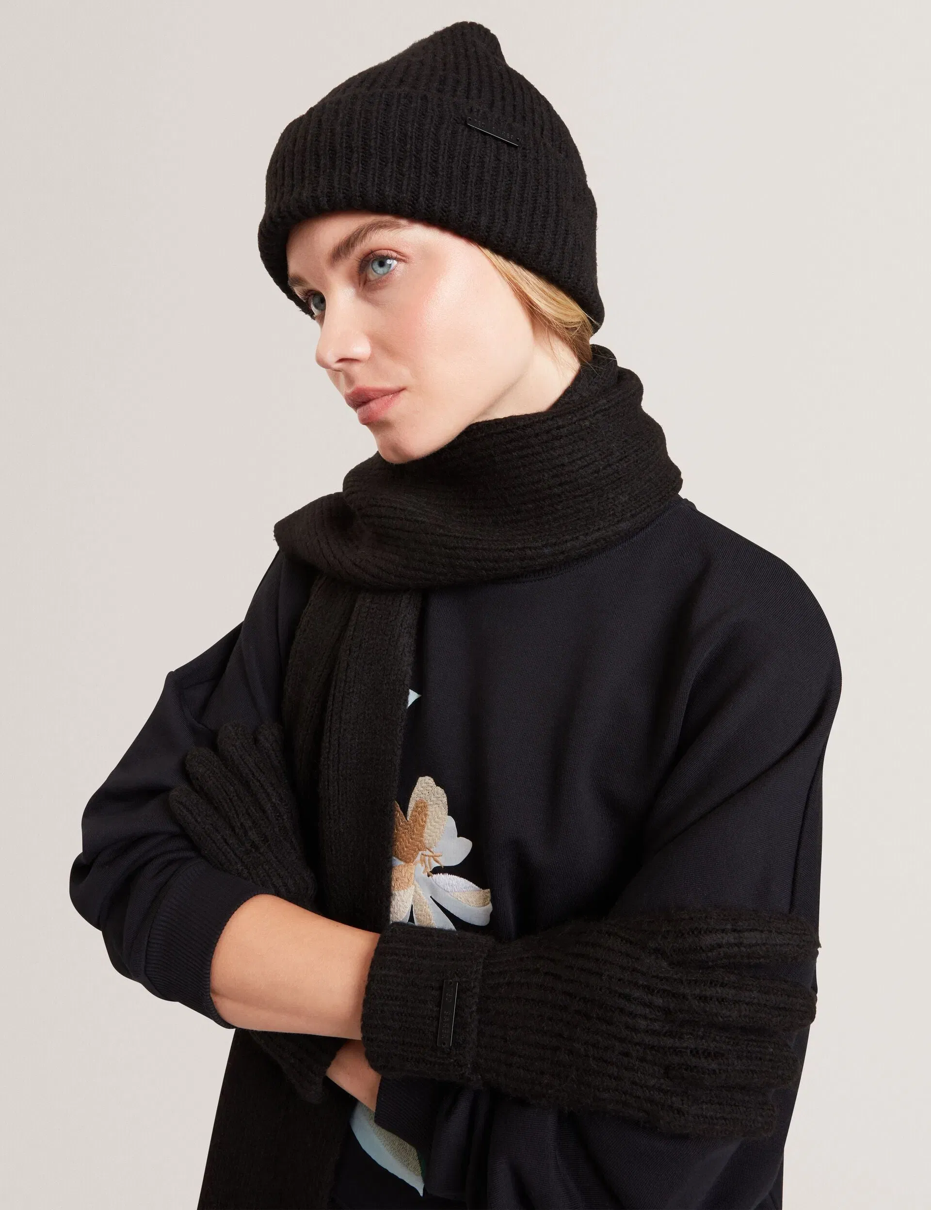Ted Baker Lidiaas Wool Blend Ribbed Knit Beanie Hat In Black Women's