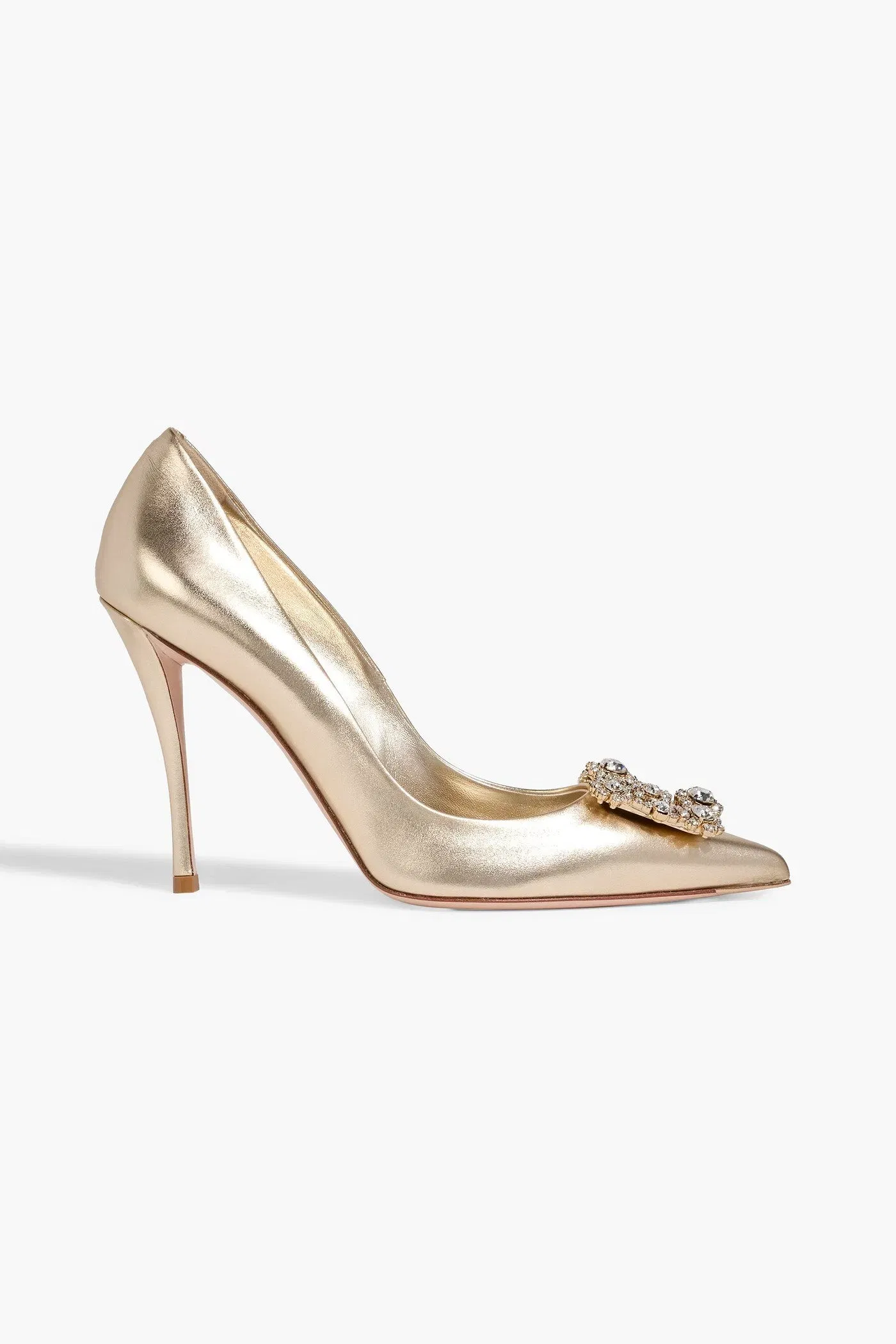 Roger Vivier Flower Strass Embellished Metallic Leather Pumps Platinum Women's